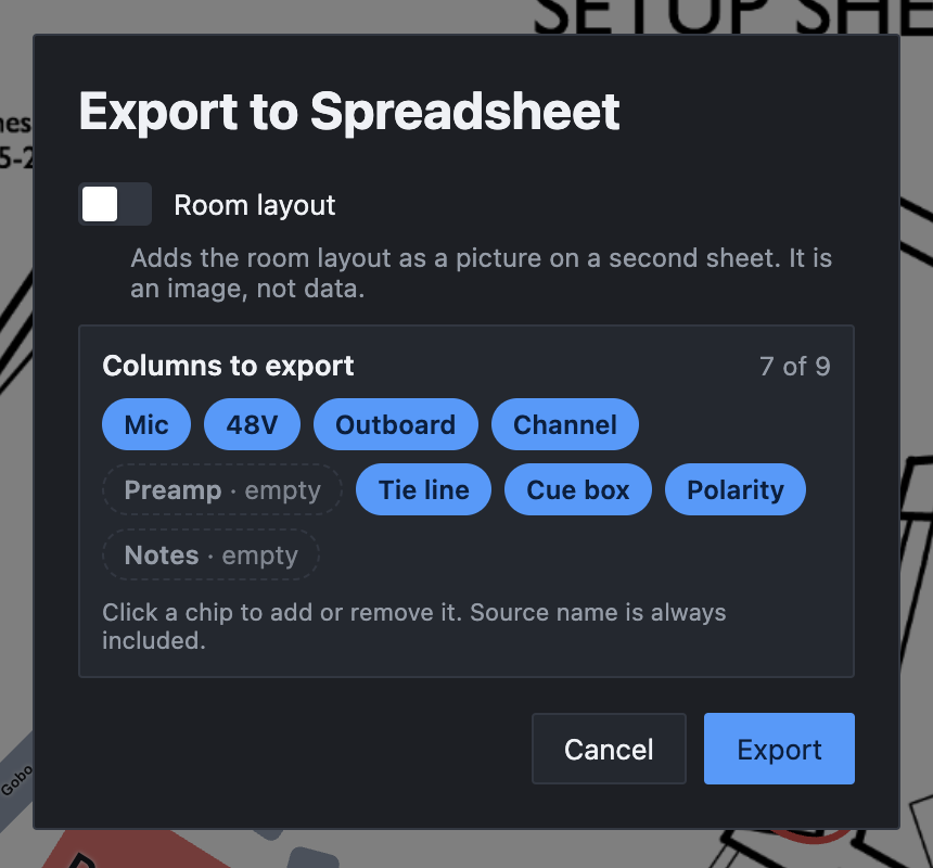 The Export to Spreadsheet dialog with a Room layout switch turned off and its description, a Columns to export box showing 7 of 9 with Preamp and Notes marked empty, and Cancel and Export buttons.