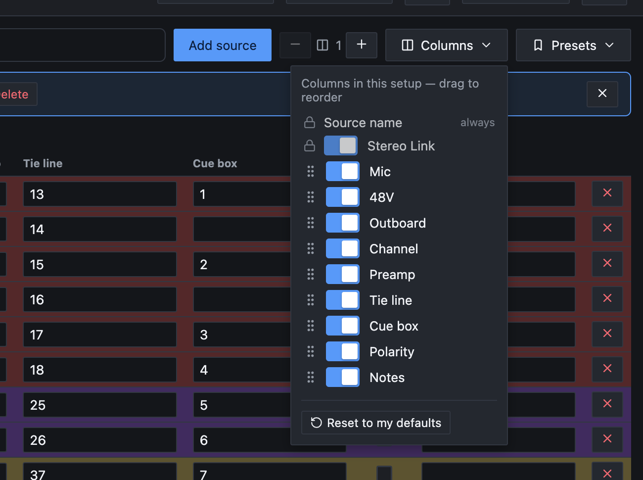 The Columns menu open in Table Mode, listing Source name marked always, then Stereo Link, Mic, 48V, Outboard, Channel, Preamp, Tie line, Cue box, Polarity and Notes with switches and drag handles, and a Reset to my defaults button at the bottom.