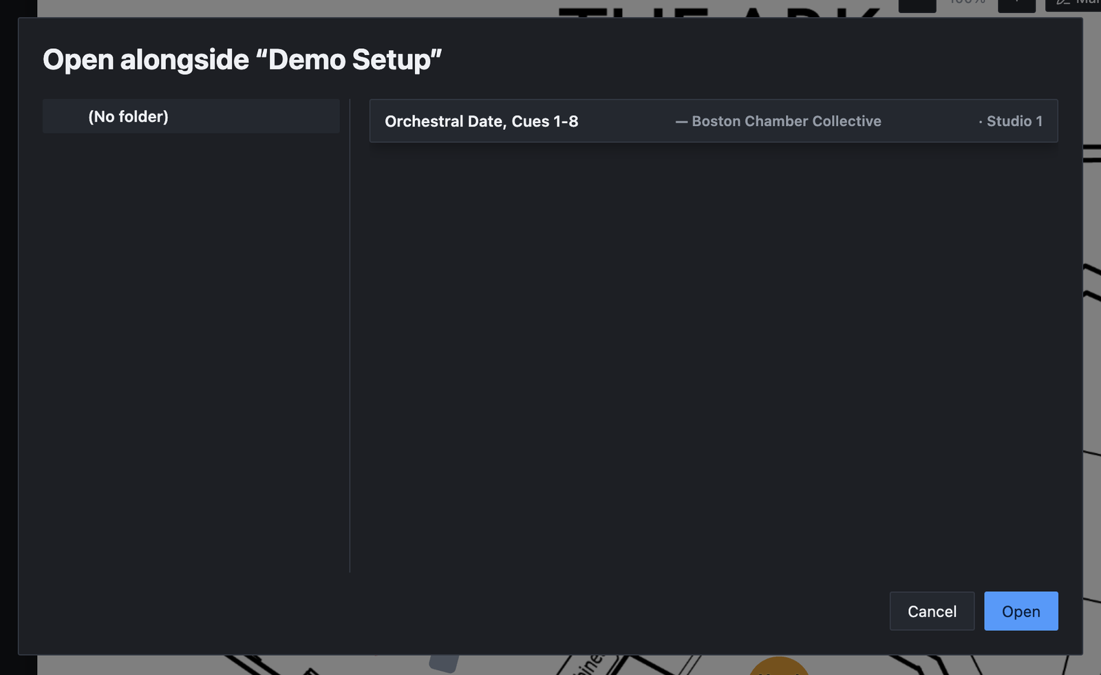 The Open alongside Demo Setup dialog: a folder list on the left and, on the right, the setup Orchestral Date, Cues 1-8 with its artist and studio, plus Cancel and Open.