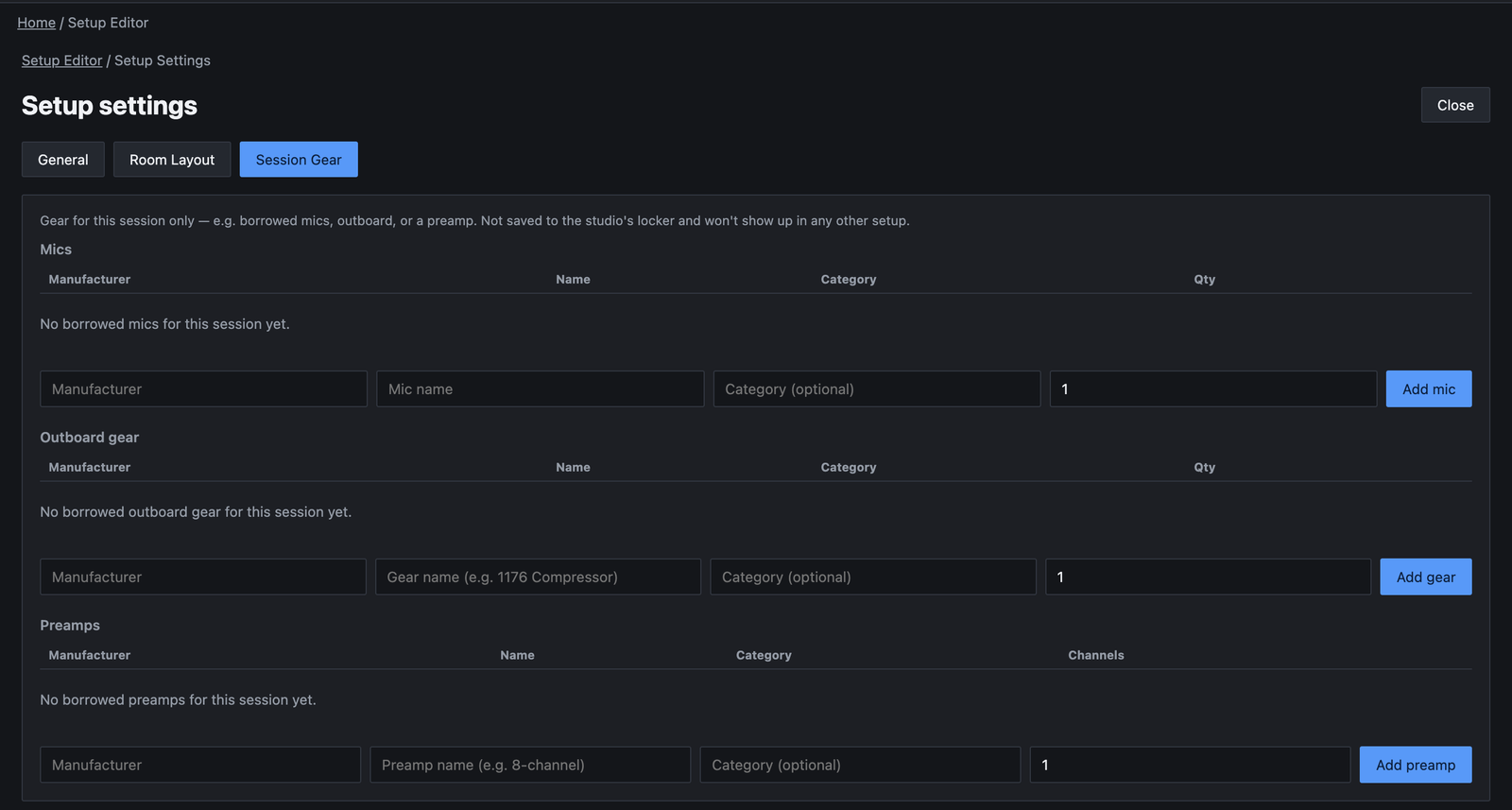 Setup settings on the Session Gear tab. Mics, Outboard gear and Preamps sections each say there's no borrowed gear for this session yet, with boxes for manufacturer, name, an optional category and quantity or channels, and Add mic, Add gear and Add preamp buttons.