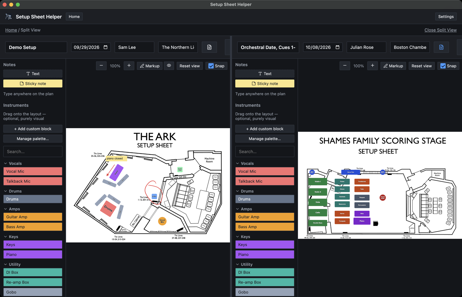 Split View with Demo Setup on the left and Orchestral Date, Cues 1-8 on the right, both in Layout Mode, each with its own header, palette and floor plan. Home / Split View is at the top left and Close Split View at the top right.