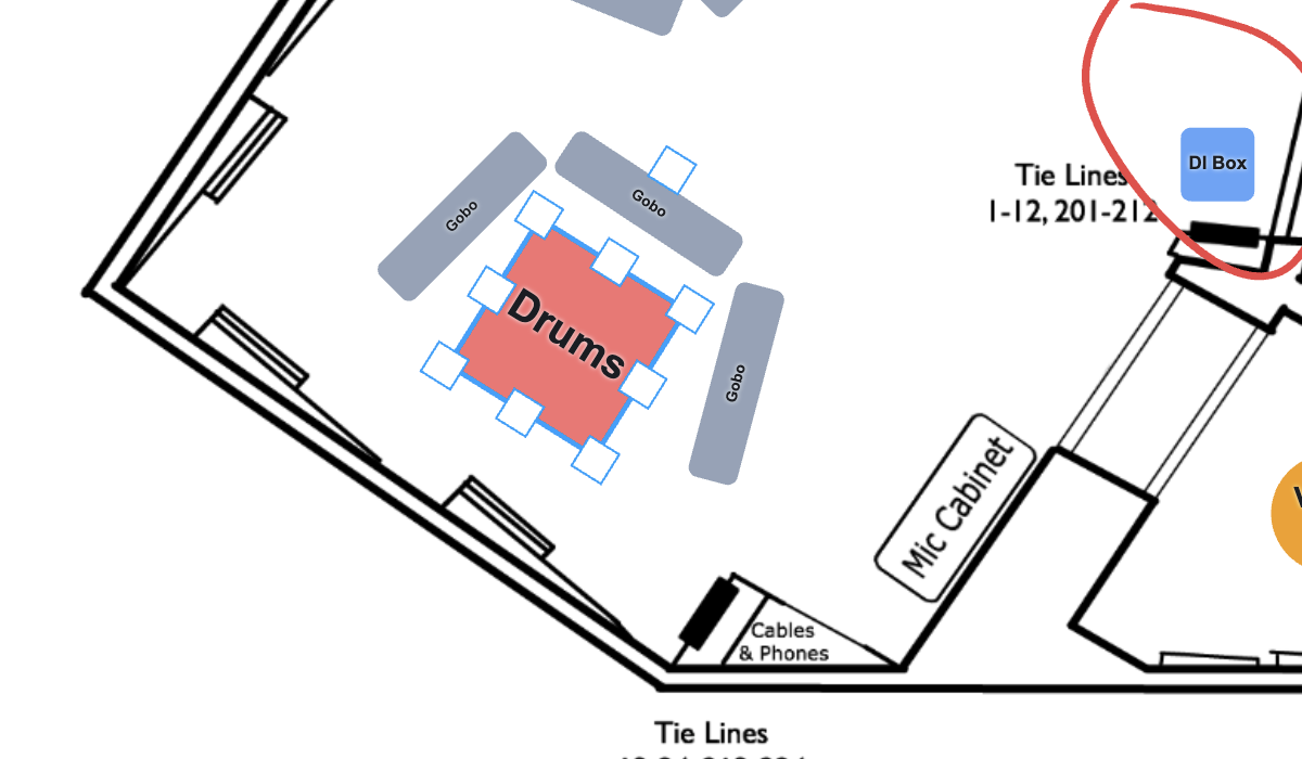 The Drums block selected on the floor plan, outlined in blue with eight square resize handles around it and a rotate handle above its top edge, between three Gobo blocks.