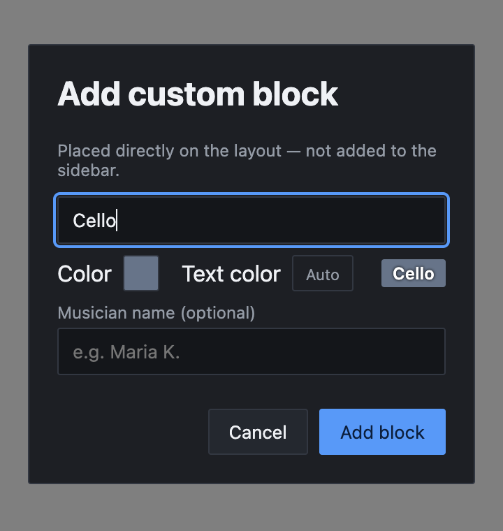 The Add custom block dialog with Cello typed as the title, a Color swatch, Text color set to Auto, a live preview of the block, an optional Musician name field, and Cancel and Add block buttons.