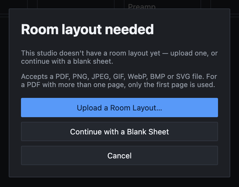 The Room layout needed dialog, with the accepted file formats listed and three buttons: Upload a Room Layout…, Continue with a Blank Sheet, and Cancel.