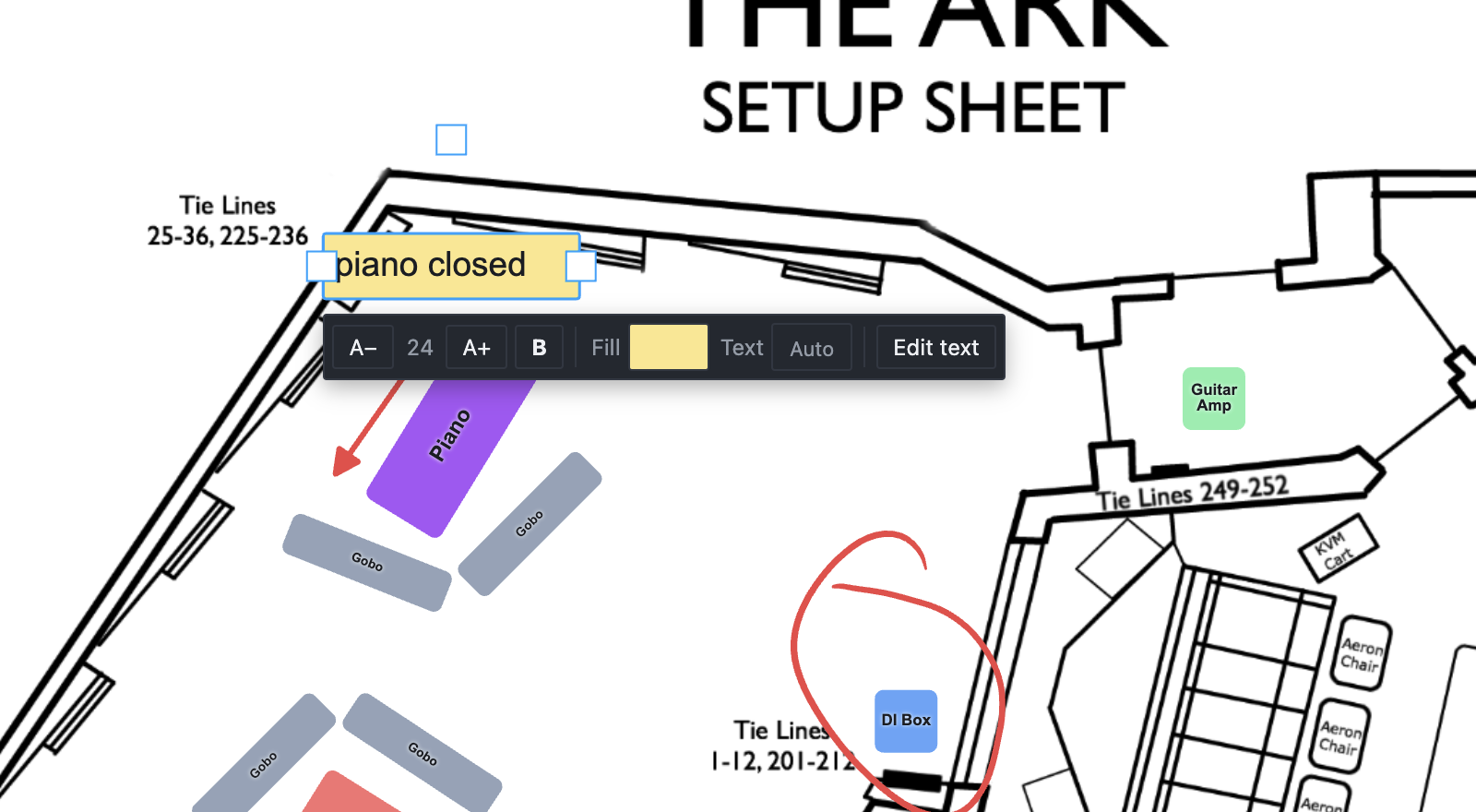 The piano closed sticky note selected on the floor plan, with its format bar underneath: A− and A+ around the size 24, a B button for bold, a Fill swatch, Text set to Auto, and Edit text.