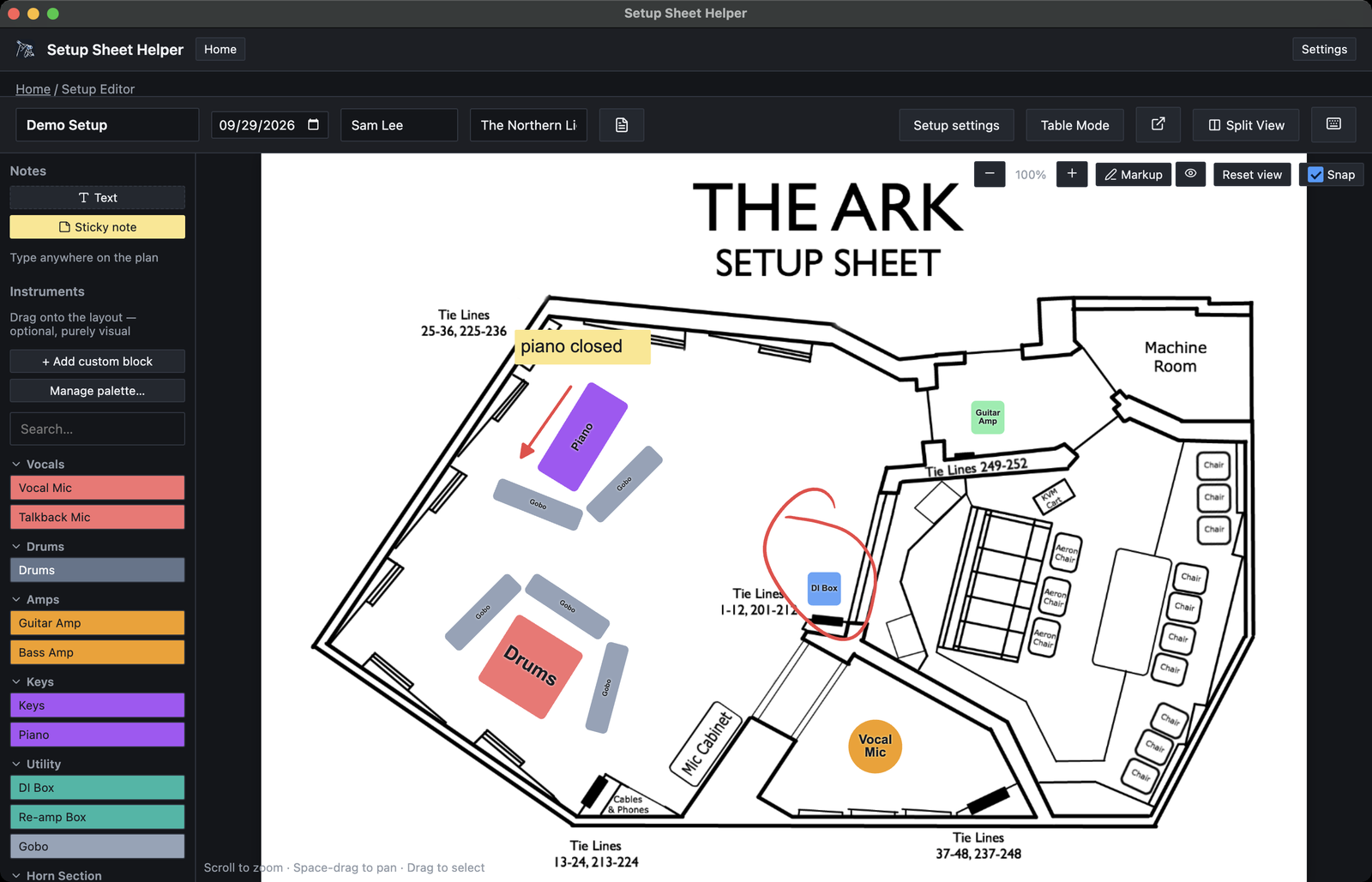 Demo Setup in Layout Mode. The palette on the left lists Notes (Text, Sticky note) and Instruments by category. The floor plan of The Ark shows Piano, Drums, Gobo, DI Box, Vocal Mic and Guitar Amp blocks, a piano closed sticky note, and a red arrow and circle drawn on top. Zoom controls, Markup, the eye button, Reset view and Snap sit at the top right.