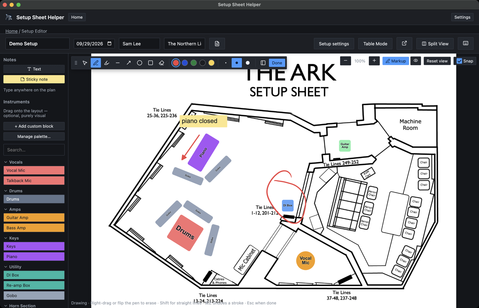 Markup mode on Demo Setup. The markup toolbar sits across the top left of the plan with a grip, eight tool buttons with the pen active, five color swatches, three size dots, a toolbar direction button and Done. The Markup button at the top right is highlighted, and the hint line at the bottom reads Drawing, Right-drag or flip the pen to erase, Shift for straight lines.