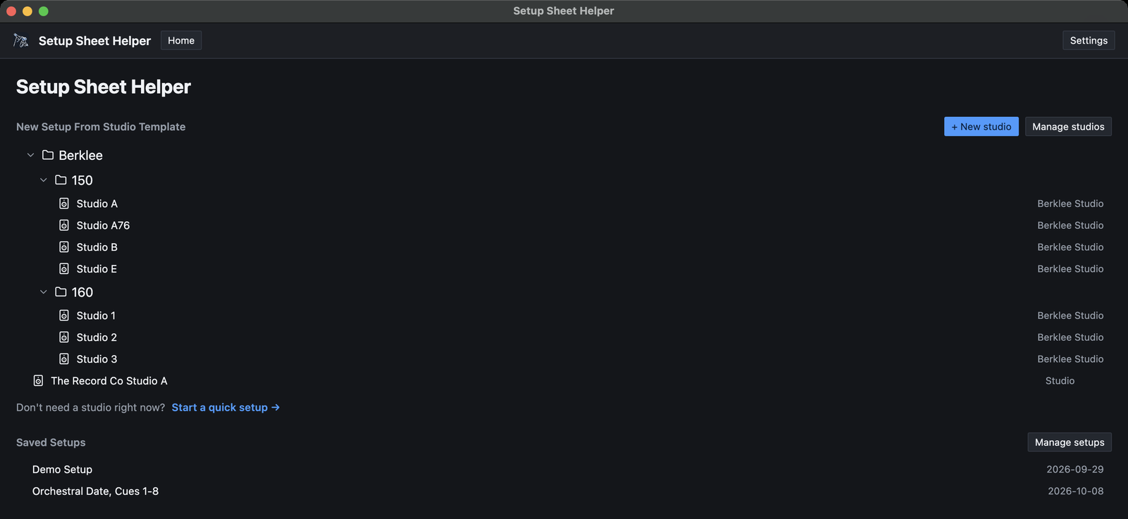 The home screen in the File tree layout: the Berklee folder expanded to show buildings 150 and 160 and their studios, each labeled Berklee Studio, then The Record Co Studio A labeled Studio, and the saved setups listed with their dates.