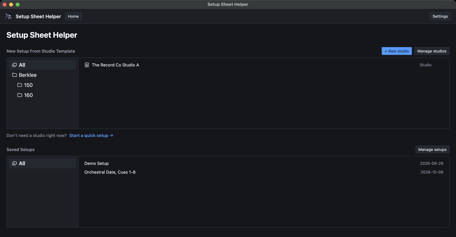 The home screen in the Two-pane layout: each section has a folder list on the left (All, Berklee, 150, 160) and its contents on the right, such as The Record Co Studio A, and Demo Setup and Orchestral Date, Cues 1-8 with their dates.