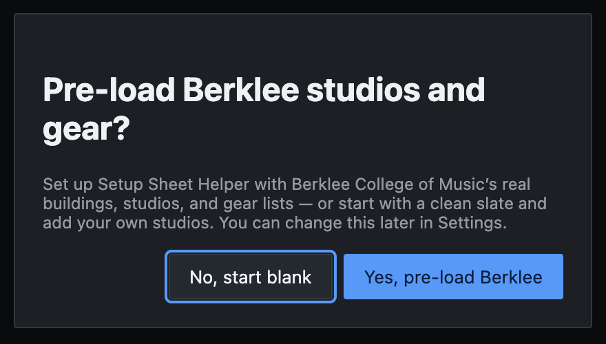 The first-launch prompt asking whether to pre-load Berklee studios and gear, with No, start blank and Yes, pre-load Berklee buttons.