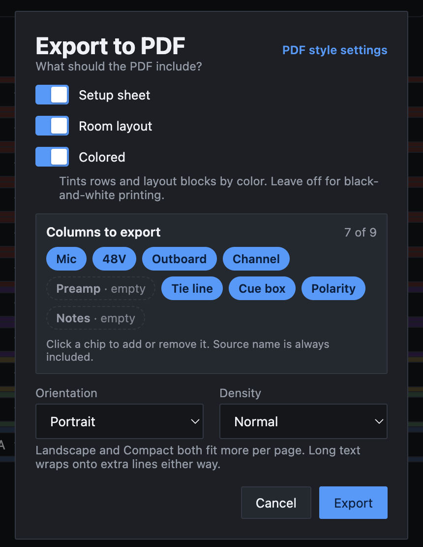 The Export to PDF dialog with Setup sheet, Room layout and Colored switches, column chips, and orientation and density menus.