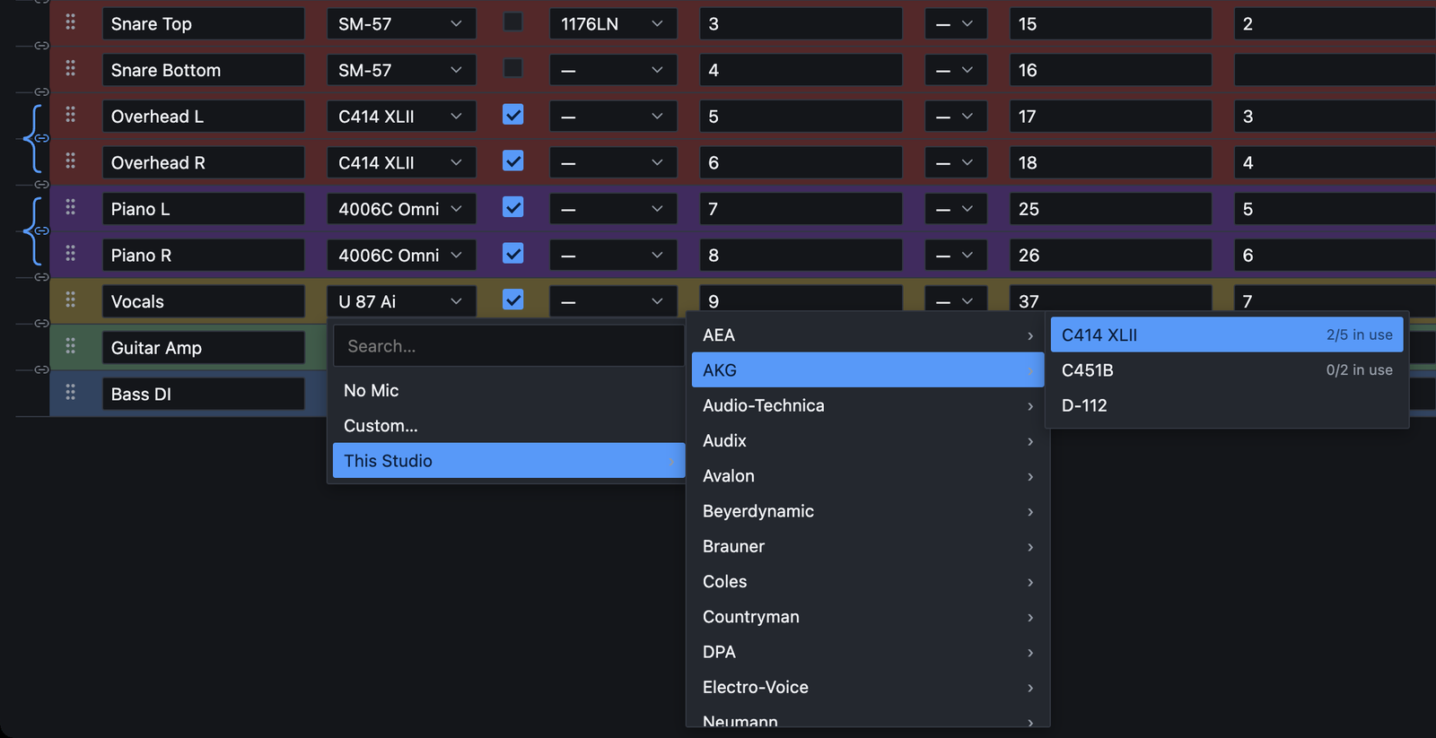 The mic picker open on the Vocals row: This Studio, then a list of manufacturers, with AKG open showing C414 XLII 2/5 in use and C451B 0/2 in use.