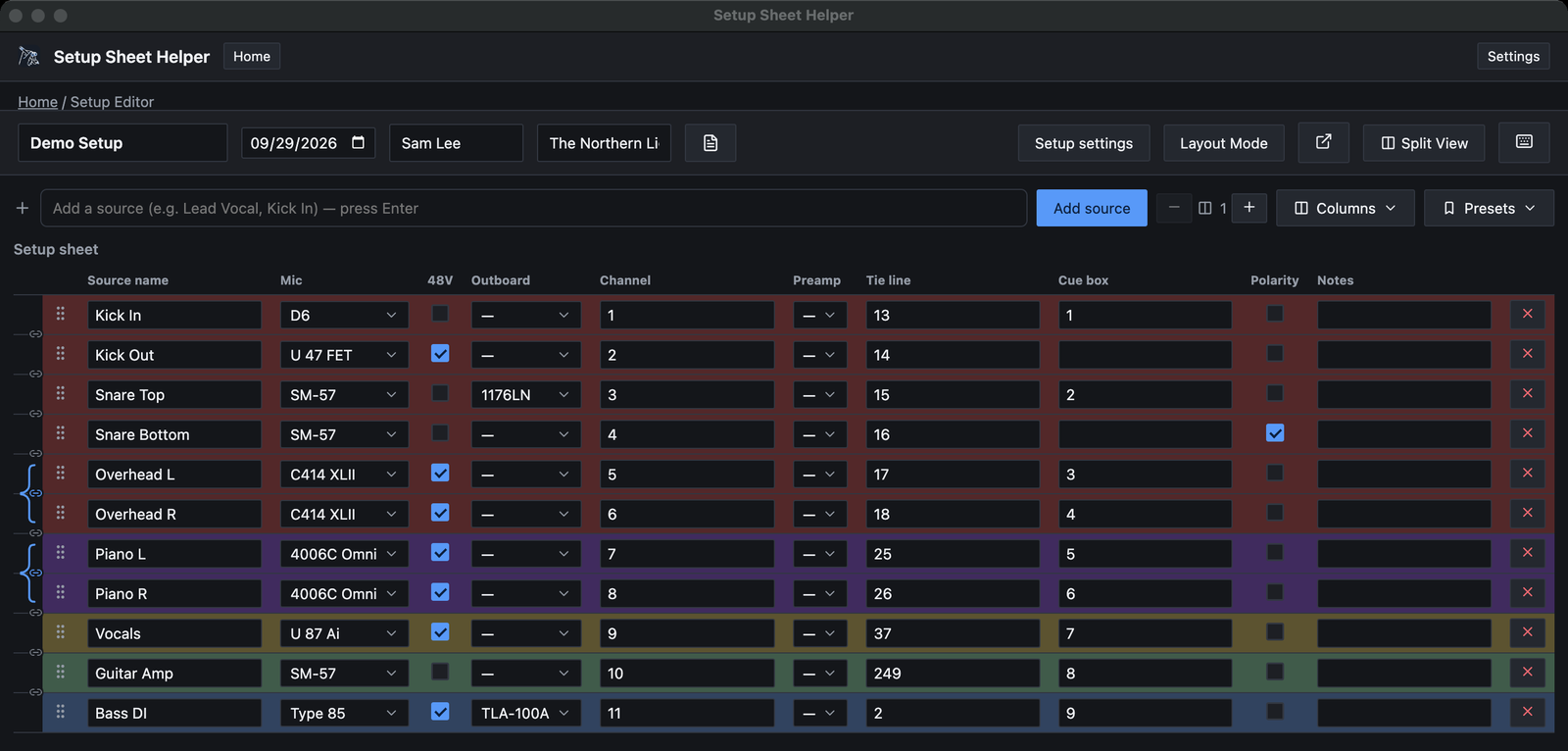 A filled-in setup sheet in Table Mode: drums, piano, vocals, guitar and bass rows with mics, 48V, outboard, channels, tie lines and cue boxes, colored by section.