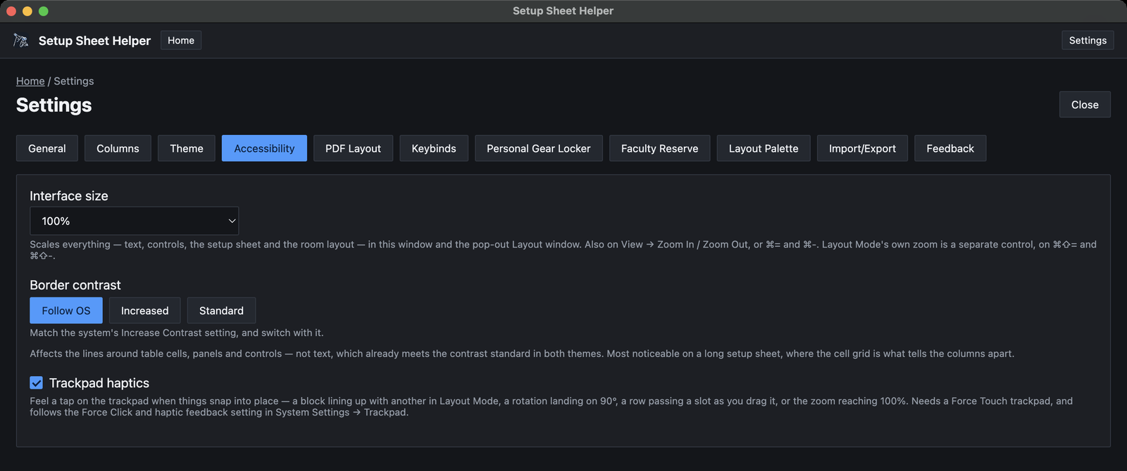 Settings, Accessibility tab: an Interface size menu set to 100%, Border contrast buttons Follow OS, Increased and Standard, and a Trackpad haptics checkbox.