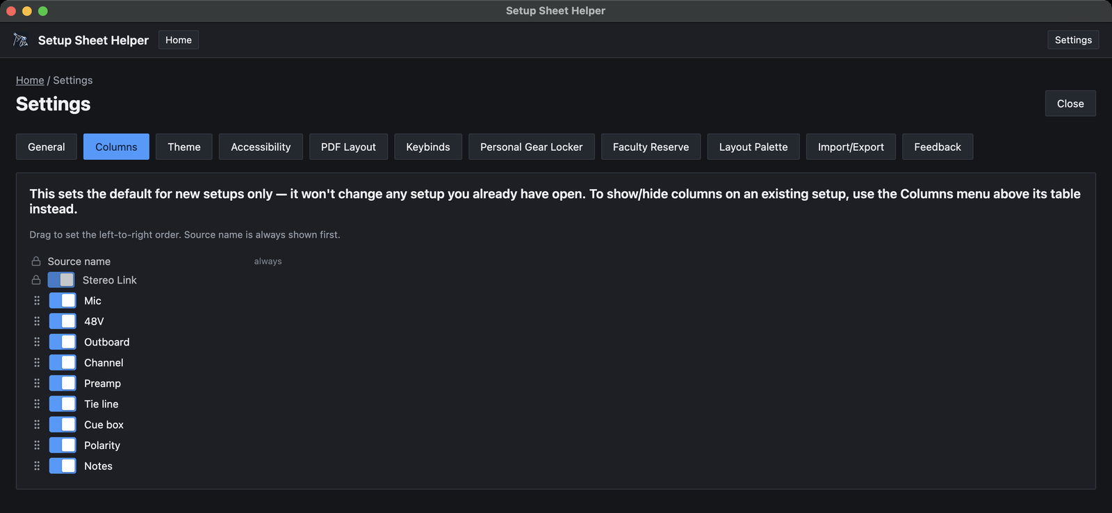 Settings, Columns tab: a list of columns with drag handles and switches, from Source name and Stereo Link at the top through Mic, 48V, Outboard, Channel, Preamp, Tie line, Cue box, Polarity and Notes.