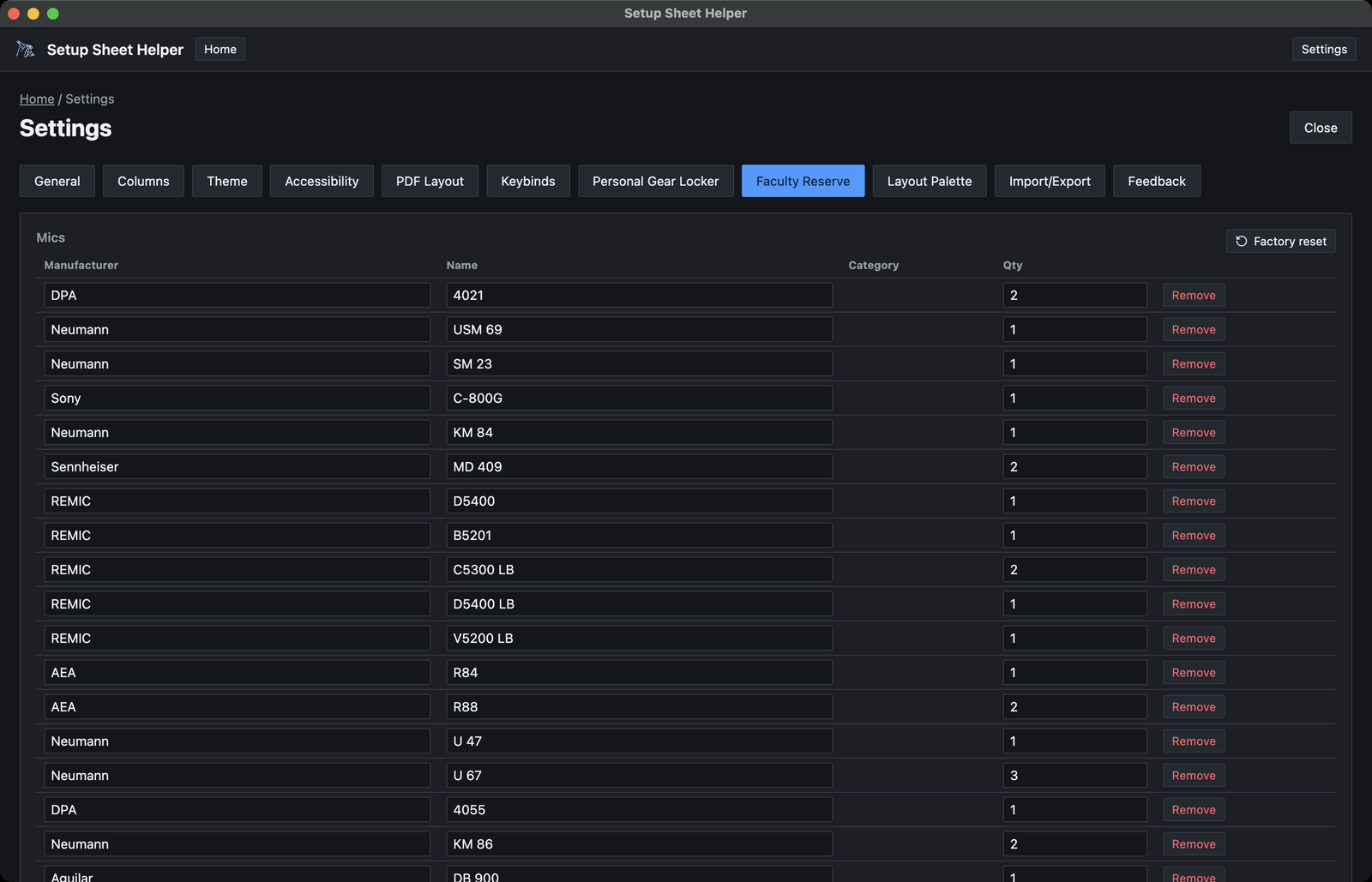 Settings, Faculty Reserve tab: a long Mics list with manufacturer, name, category and quantity columns and a Remove button on each row, and a Factory reset button at the top right.