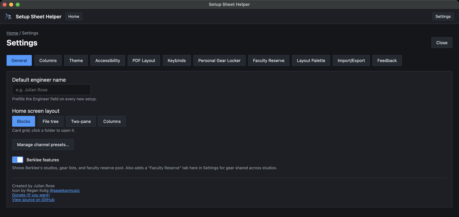 Settings, General tab: a Default engineer name box, Home screen layout buttons Blocks, File tree, Two-pane and Columns, a Manage channel presets button, and the Berklee features switch turned on.
