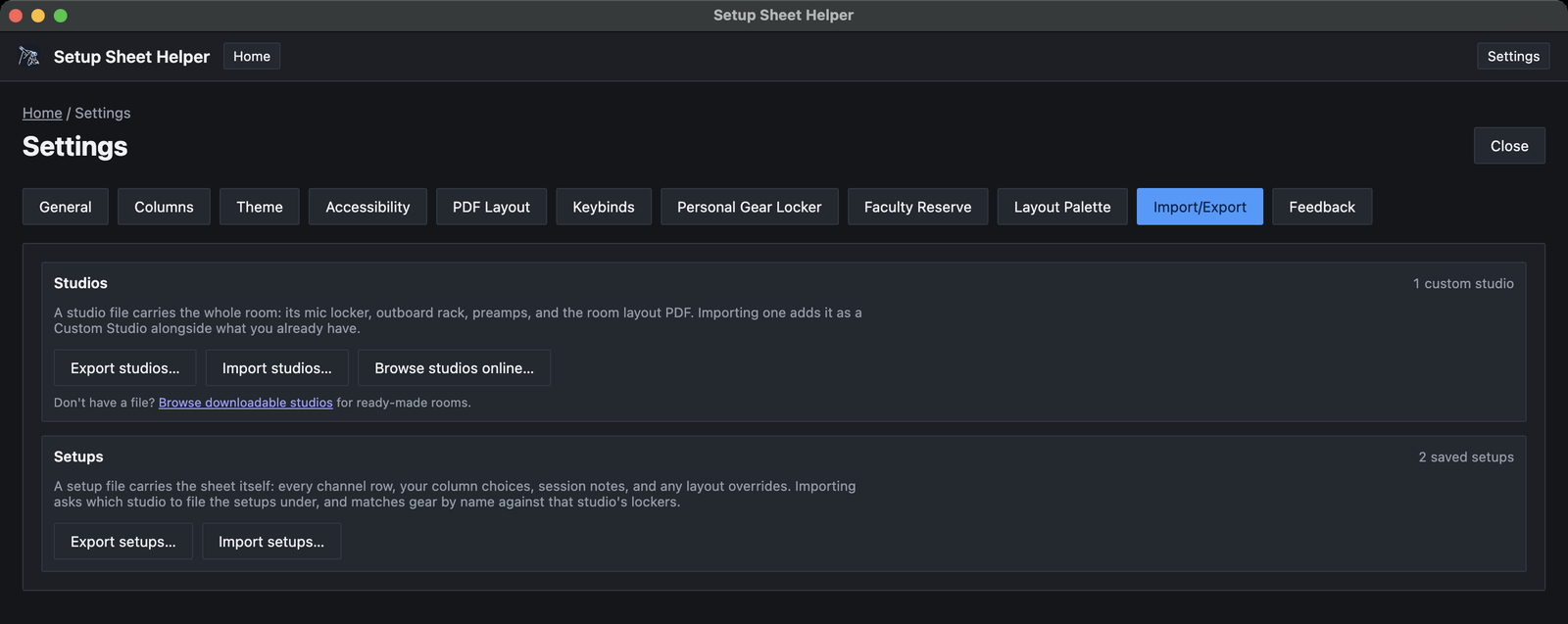Settings, Import/Export tab: a Studios section with Export studios, Import studios and Browse studios online buttons and a Browse downloadable studios link, and a Setups section with Export setups and Import setups buttons.