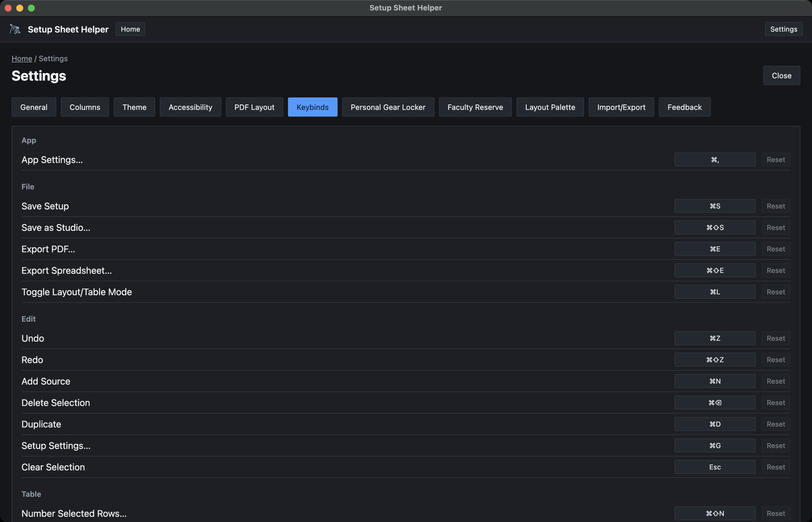 Settings, Keybinds tab: actions grouped under App, File, Edit and Table, each with its shortcut on a button and a Reset button, such as App Settings with Command comma and Save Setup with Command S.