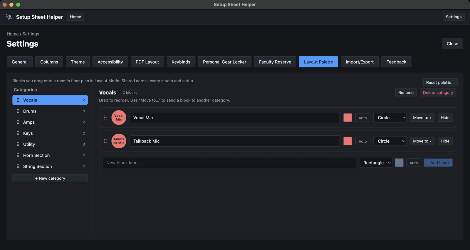 Settings, Layout Palette tab: a Categories list on the left with Vocals selected; on the right, the Vocal Mic and Talkback Mic blocks, each with a label box, color swatch, Auto text color, Circle shape menu, Move to menu and Hide button, and a row for adding a new block.