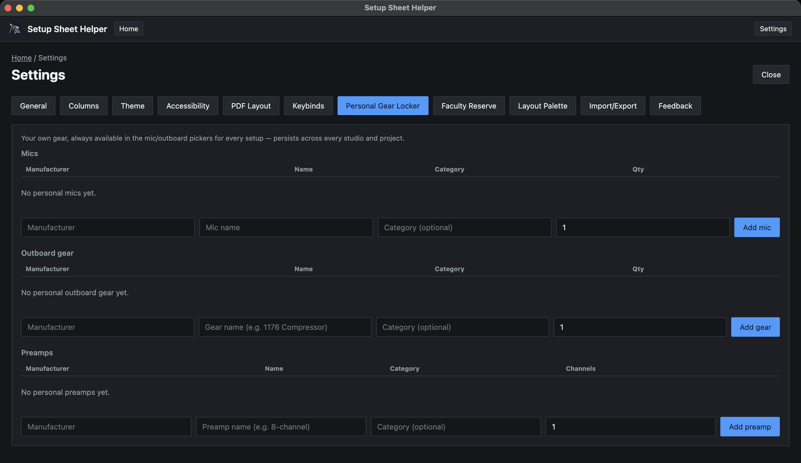 Settings, Personal Gear Locker tab: empty Mics, Outboard gear and Preamps sections, each with Manufacturer, name, Category and quantity boxes and an Add mic, Add gear or Add preamp button.