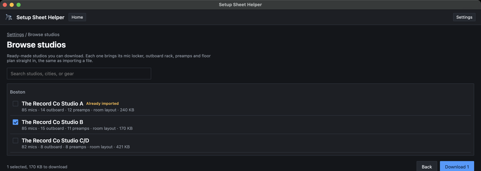 The Browse studios screen in Settings: a search box, then a Boston group listing The Record Co Studio A marked Already imported, The Record Co Studio B ticked, and The Record Co Studio C/D, each with mic, outboard and preamp counts, room layout and size. The footer reads 1 selected, 170 KB to download, with Back and Download 1 buttons.