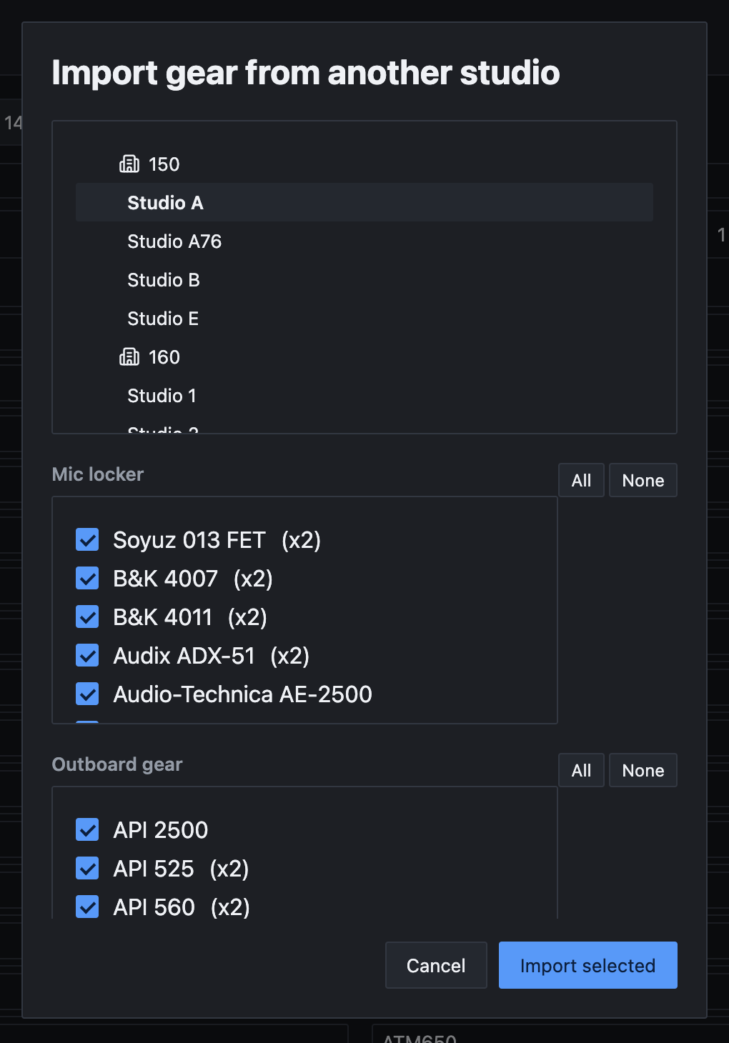 The Import gear from another studio dialog. A list of rooms grouped under buildings 150 and 160 has Studio A chosen. Below it, Mic locker and Outboard gear checklists with every item ticked and All and None buttons, then Cancel and Import selected.