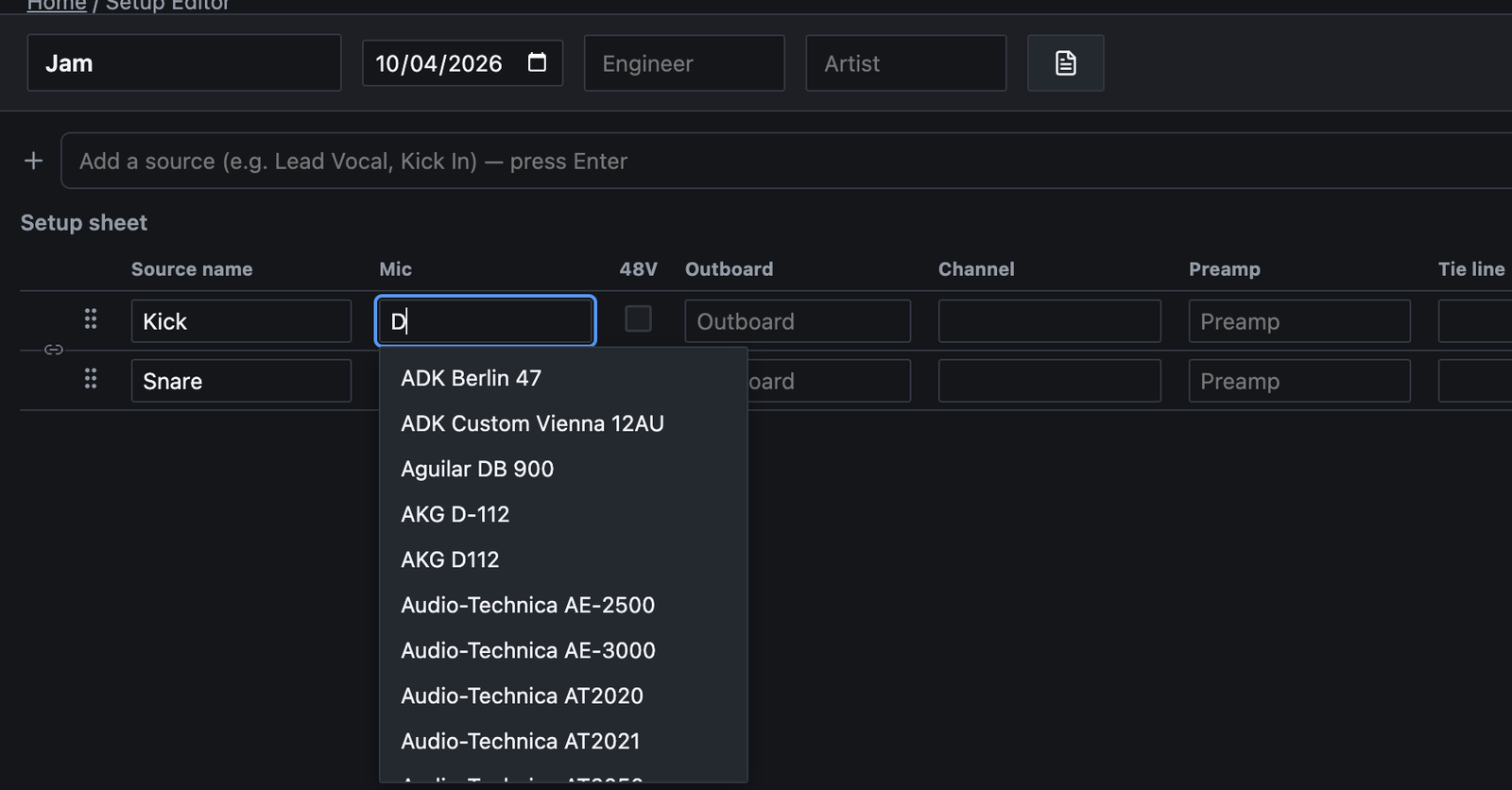 A quick setup called Jam with Kick and Snare rows. The letter D is typed in Kick's Mic box and a suggestion list below it shows ADK Berlin 47, AKG D-112, Audio-Technica AE-2500 and more. The Outboard and Preamp cells are plain text boxes.