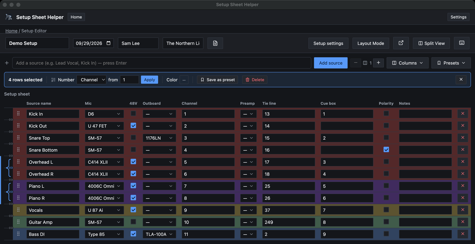 Demo Setup with four rows selected (Overhead L and R, Piano L and R), marked by a blue bar at the left edge. Above the table the selection bar reads 4 rows selected, then Number Channel from 1 with an Apply button, Color, Save as preset, Delete, and a close button.