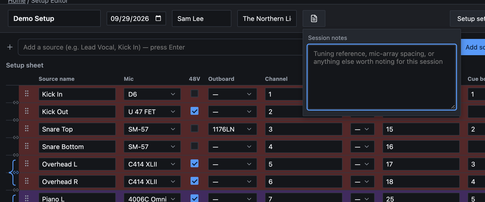The Session notes box open below the notes button in the header, showing its placeholder text about tuning reference and mic-array spacing, over the top rows of the setup sheet.