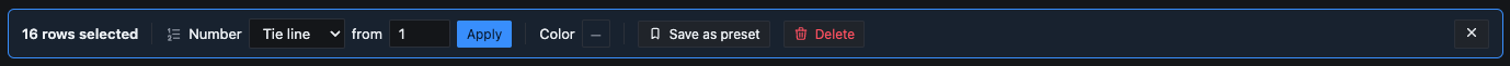 A selection toolbar showing 16 rows selected, with sequential tie-line numbering and color tools.