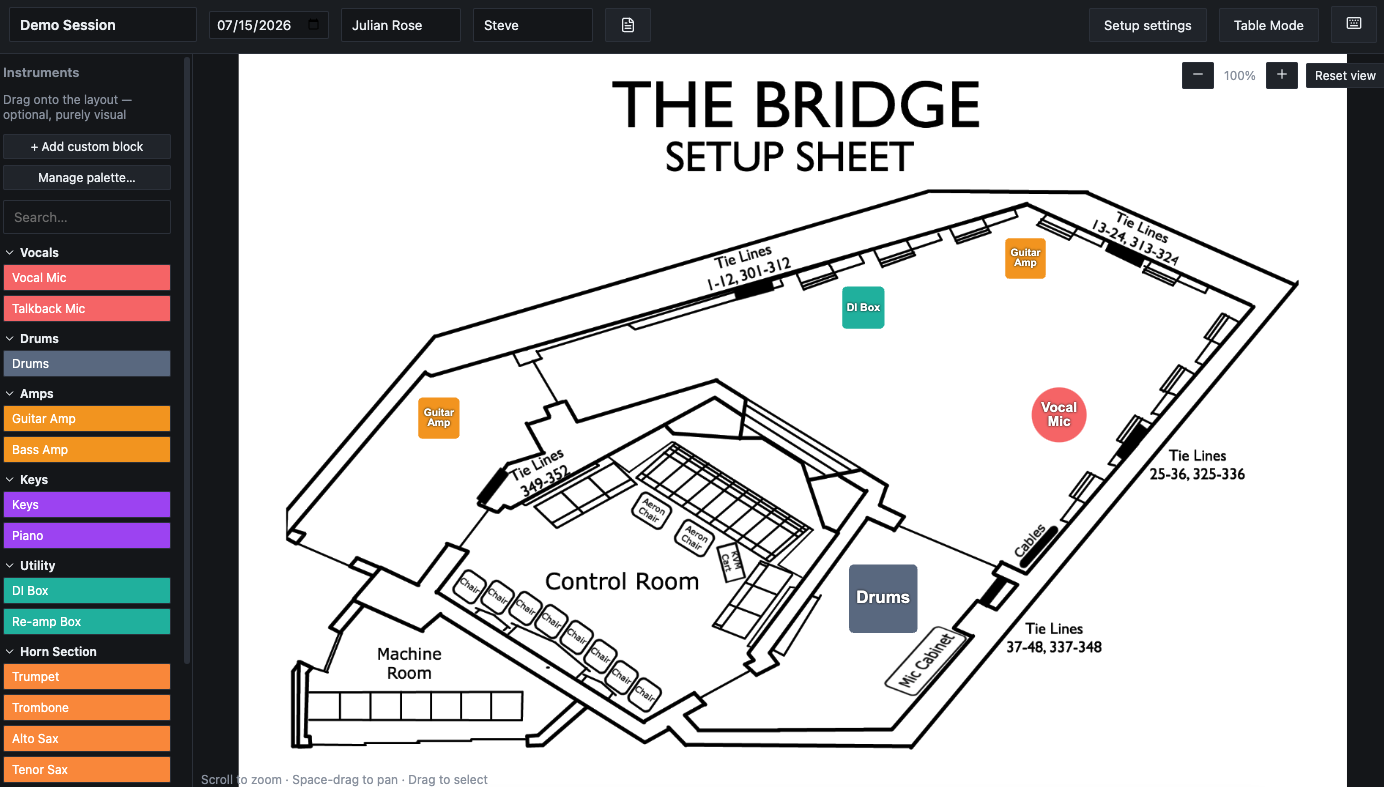 Layout Mode: a drag-and-drop visual room layout on a real studio floor plan, with instrument blocks placed around the room.