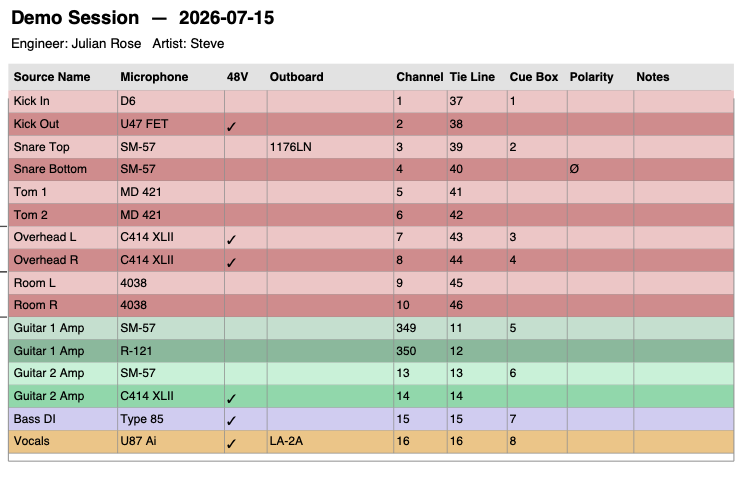 A printed PDF setup sheet with colored row sections, mic assignments, channel numbers, and tie lines.